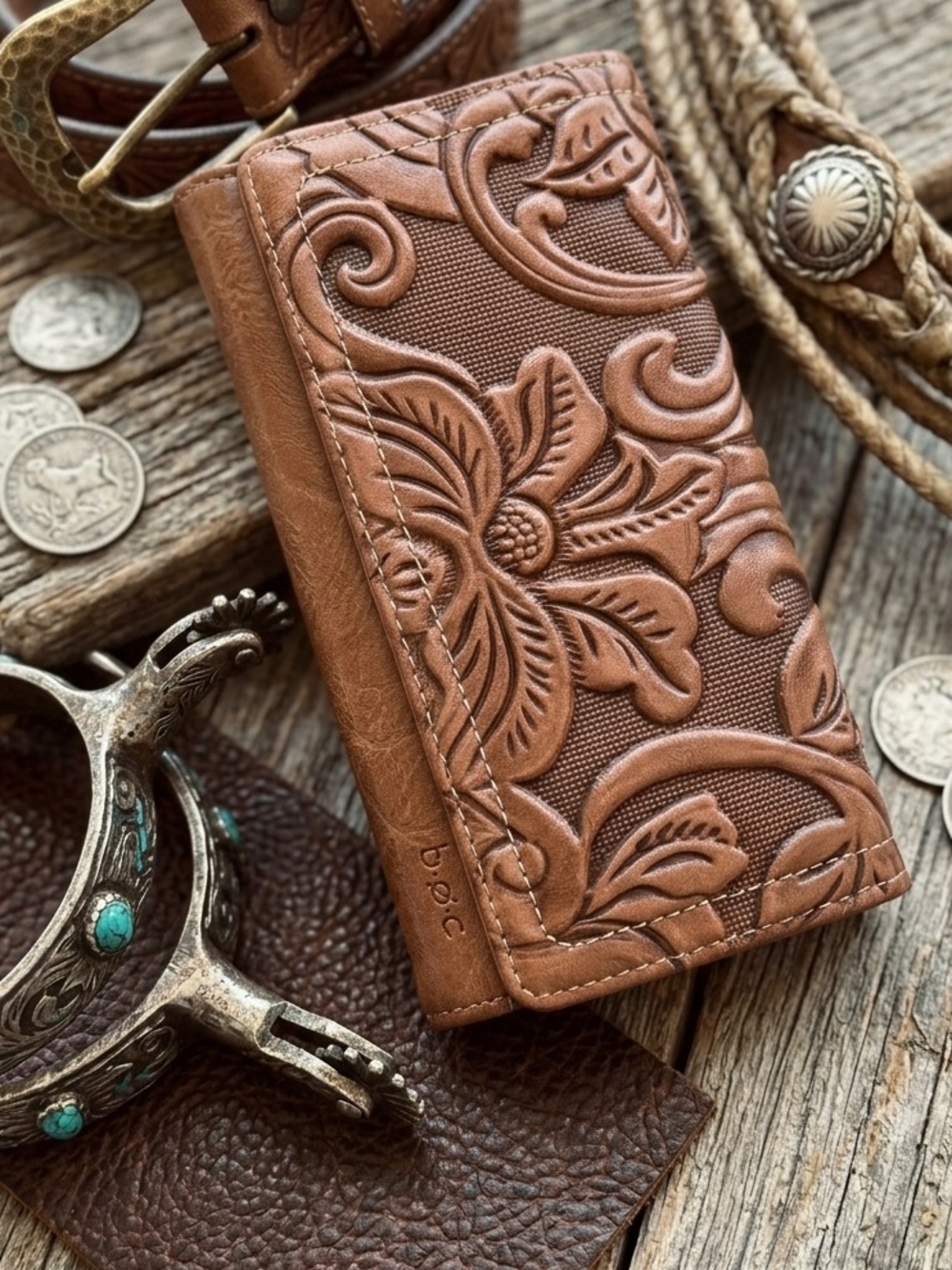 b.ø.c. Born Concept Cognac Brown Tooled Floral Embossed Continental Wallet